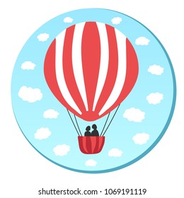 A red and striped air balloon flies in the sky amidst white clouds. In the basket there are 2 people, a couple in love. Vector colored illustration on a round background as a button.