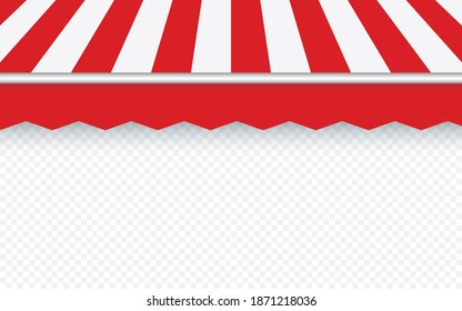 Red striped awning for shop. Red tent sun shade for market on transparent background. Trend design. Vector illustration