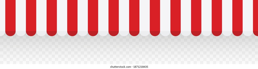 Red striped awnings for shop. Tent sun shade for market on transparent background. Vector illustration