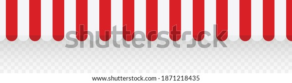 Red striped awnings for\
shop. Tent sun shade for market on transparent background. Vector\
illustration