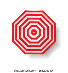 Red striped beach umbrella on a white background. Vector icon.
