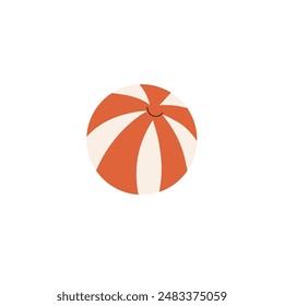 Red striped beachball for playing in swimming pool. Inflatable ball for beach activities in summer. Big rubber toy with round shape for fun in sea, water. Flat isolated vector illustration on white