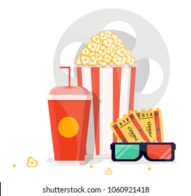 Red striped bucket box popcorn. Red drink Soda. Cinema night movie. Modern flat style vector illustration icons. 
Isolated on white background. Two tickets fast food takeaway concept set. 3d glasses.