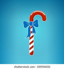 Red Striped Candy Cane  with Blue Bow, Merry Christmas and Happy New Year  ,  Christmas Decoration, Vector Illustration