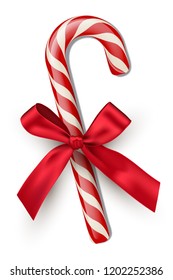 Red striped candy cane with red bow isolated on white background. Vector Christmas and New Year design element