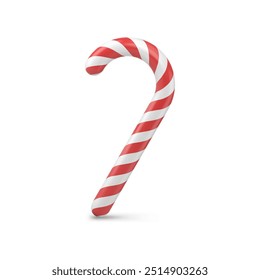 Red striped candy cane Xmas traditional sweet delicious or Christmas tree toy decor realistic 3d vector illustration. Festive dessert stick for eating or indoor decorating spruce hanging isolated