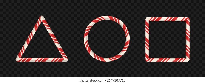 Red striped candy stick border with cute cartoon design for decoration or text. Oval, rectangle, and triangle frame in 3D style for xmas or new year. Vector.