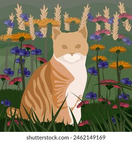 A red striped cat is sitting in a flowering field. The illustration is made in warm colors. The painting conveys pleasure, harmony, peace, and beauty. 