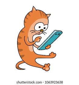 Red striped cat sitting on the floor with a smartphone. Press the button. White background.