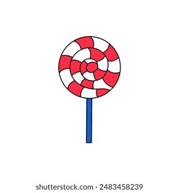 Red striped Christmas lollipop. Festive sweetness in spiral for new year, birthday and holiday. Vector clip art