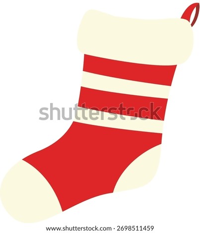 Red striped Christmas stocking with creamy cuff and heel, hanging loop detail, cozy festive sock in minimal flat style, isolated on white for seasonal cards and decor.