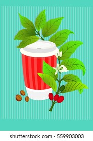 Red striped cup for hot coffee with a flourishing green sprig of arabica coffee and roasted coffee beans on a aqua blue color striped background vector