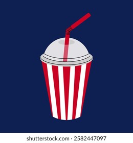 Red striped cup. Soda drink in paper cup. Cinema food. Cold drink for watching film, circus or luna park. Flat vector illustration.