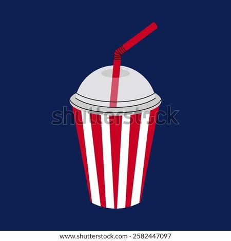 Red striped cup. Soda drink in paper cup. Cinema food. Cold drink for watching film, circus or luna park. Flat vector illustration.
