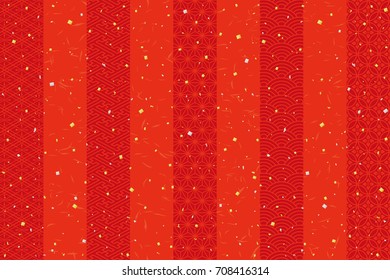 red striped curtain with Japanese traditional design. golden and silver leaf.