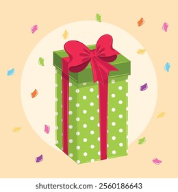 Red striped gift box with yellow ribbon and bow Vector Description