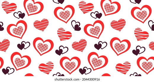 Red striped hearts on a white background with small dark hearts. Vector seamless pattern for wrapping paper, packaging, giftwrap, wrapper, surface texture. Design template for Valentine`s day, wedding