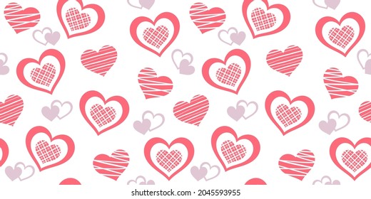 Red striped hearts on a white background with small pink hearts. Vector seamless pattern for wallpaper, wrapping paper, packaging, giftwrap and texture. Design template for Valentine`s day and wedding