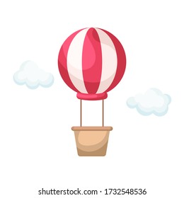 Red striped hot air-balloon with brown basket with white clouds for design of album, scrapbook, card and invitation. Flat cartoon colorful vector illustration isolated on white background. 