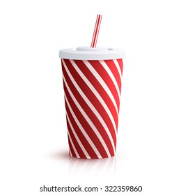 Red striped red striped paper glass with drinking straw isolated on white background vector illustration