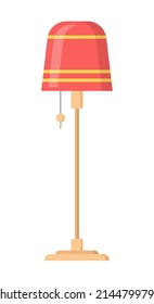 Red striped retro lampshade on wooden rack with hanged switch isometric vector illustration. Vintage floor lamp illuminated electric furniture classic tall element design. Electricity furnishing