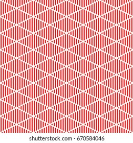 Red striped rhombuses on white background. Rhombic wallpaper. Seamless surface pattern design with linear ornament. Diamonds motif. Digital paper with dashed stripes for textile print. Vector art.