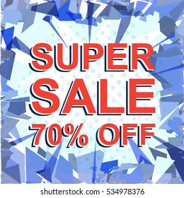 Red striped sale poster with SUPER SALE 70 PERCENT OFF text. Bright advertising banner template