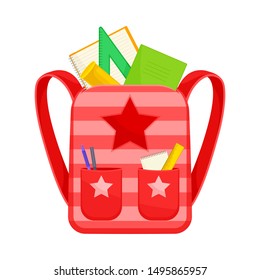Red striped school backpack with stars. Vector illustration on a white background.
