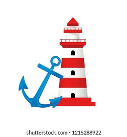 Red striped sea lighthouse and blue sea anchor. Vector isolated illustration.