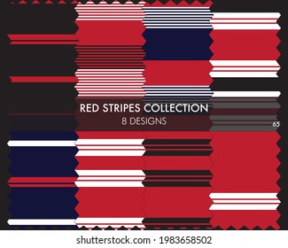 La colección de patrones sin costura de rayas rojas incluye 8 diseños para textiles de moda, gráficos