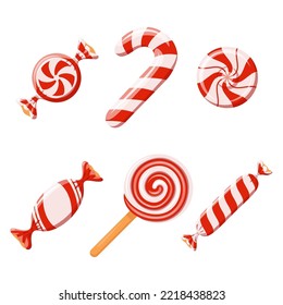 Red striped sweetmeats set. Hard candy, candy cane, lollipop, candies in wrapper. Design element for Christmas, New Year, birthday, party. Vector illustration isolated on white background