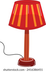 Red striped table lamp with brown base and cord on white background. Simple and modern light fixture design vector illustration.