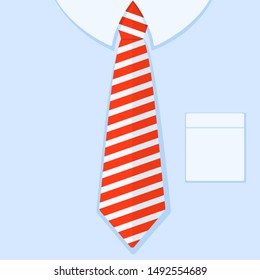 Red striped tie and light blue shirt with pocket flat style vector business illustration. Father's Day greeting card.