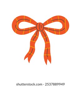 Red Striped Tied Bow Illustration. Decorative vintage ribbon knot. Festive decoration for gift present Christmas birthday. Vector flat design