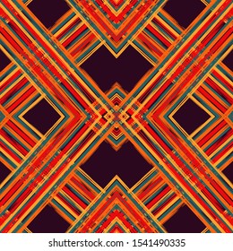 Red Stripes Geometry Seamless Pattern. Blue Batik Uzbek Vector Background. Ikat Vector Motif. Navajo Ikat Vector Watercolor Print. Ikat.