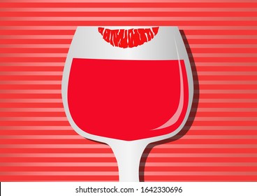 red stripes glass of red wine women's day March 8 lipstick imprint kiss