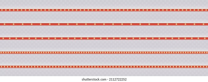 Red stripes with light bulbs, vintage marquee seamless borders set. Bright luminous retro ribbons