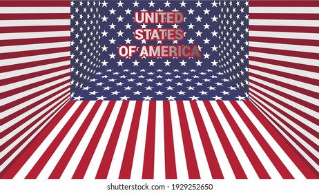 A red stripes and stars United States of America national flag in one point perspective illustration. National flag of United States of America vector background. United States of America Symbol.