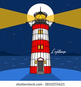 Red stripped lighthouse night vector illustration. A lighthouse beams bright yellow light across a dark ocean under a full moon and starry night sky. Perfect for nautical and maritime designs. National Lighthouse Day, August 7th.
