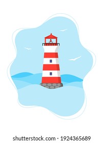 Red stripped lighthouse. Vertical banner template with seascape and lighthouse. Light house in the sea with abstract background and seagulls in the sky. Vector illustration. Greeting card template.