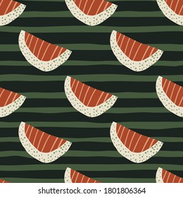 Red stripped and white slices abstract seamless fruit pattern. Green dark background with strips. Designed for wallpaper, textile, wrapping paper, fabric print. Vector illustration.
