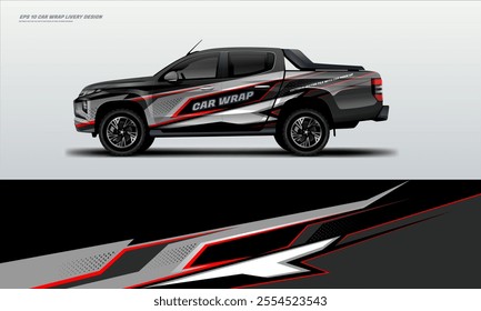 Red strips pick up truck truck double cabin branding sport rally Pick up truck touch of black, mockup with racing wrap decal or livery design.