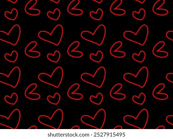 Formas rojas del corazón del golpe diseño inconsútil con el tema oscuro del fondo. El corazón ama el diseño del Vector del patrón del doodle. Cariño. Devoción. Obsesión.
