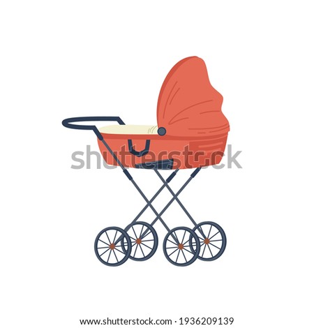 Red stroller for newborn baby isolated flat cartoon icon. Vector pram with handle and wheels, childhood and babyhood concept. Kids transportation trolley, fatherhood and motherhood, stylish transport