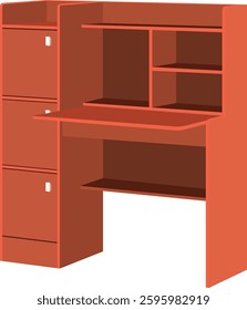 Red Student Desk with Storage.A red desk with a drawer and a shelf.Vector illustration of a computer desk isolated on white background