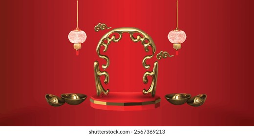 red Studio backdrop with Chinese New year and with Chinese Lamp, Chinese Cloud, Chinese Money
