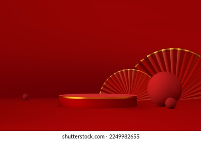 Red studio background with podium and fans. Chinese promo scene for product design.Minimal mockup maroom showcase. Vector realistic illustration