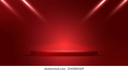 Red Studio Background With Podium Stage And Glowing Light. Minimalist. Vector Illustration