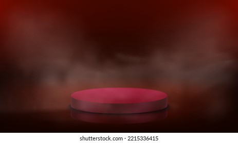 Red studio with glowing projectors, podium and smoke. 3d vector illustration