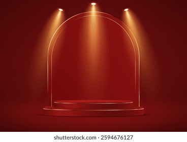 Red studio room background. Red color background vector 3d with red and gold podium. Empty room with light effect. Space for selling products on the website. Vector illustration.
